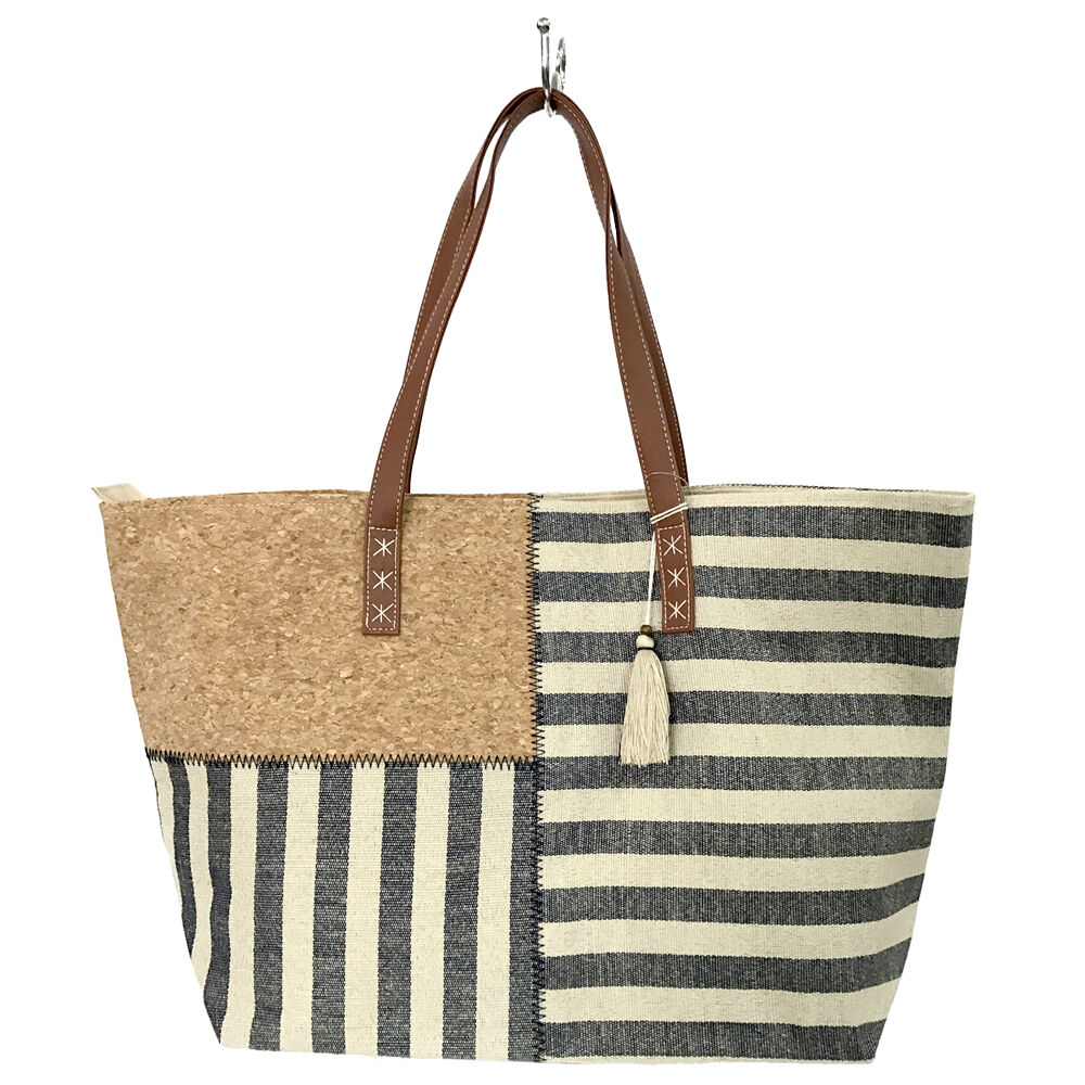Tote Navy Stripe With Cork And Tassel