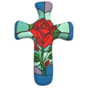 Rose Stained Glass Cross <br> Eternal Love Rose Cross Pocket <br> 3″