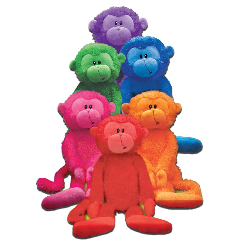 Rainbow Monkeys 13 in. long6 assortedFeatures embroidered eyes and velcro on hands