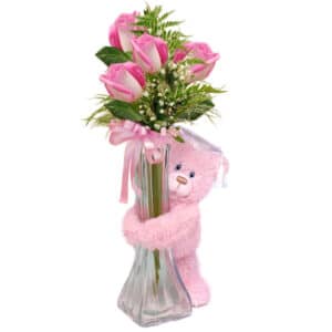 First & Main | Pink Teddy Bear with Roses <br> Lil Tickled Pink <br> 7.5″
